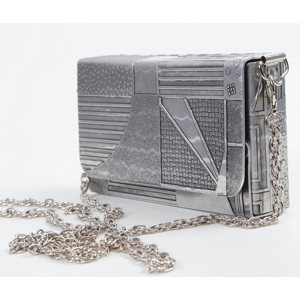 Vintage Metal Box Clutch Bag Silver Patchwork Etched Crossbody Chain Strap Art D